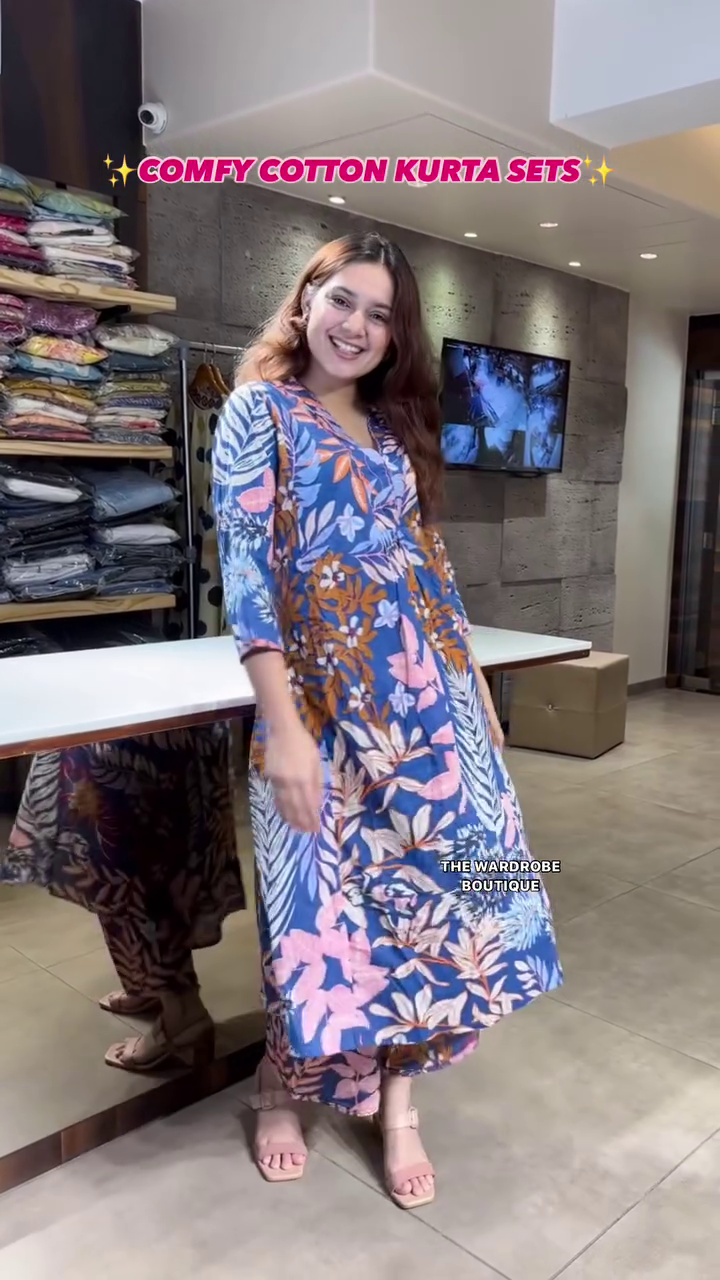 Stylish Floral Printed Comfy Cotton Kurta Set for Women Featuring A-Line Fit, 3/4th Sleeves, Soft Breathable Fabric, and Matching Pants – Perfect for Everyday Wear and Casual Outings