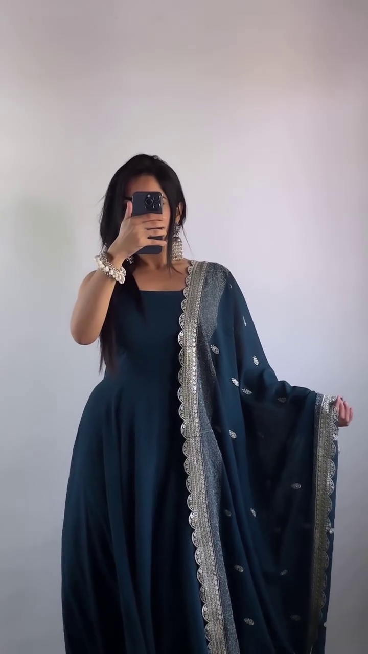 Elegant Navy Blue Anarkali Dress with Silver Embellished Dupatta – Perfect for Festive and Formal Occasions