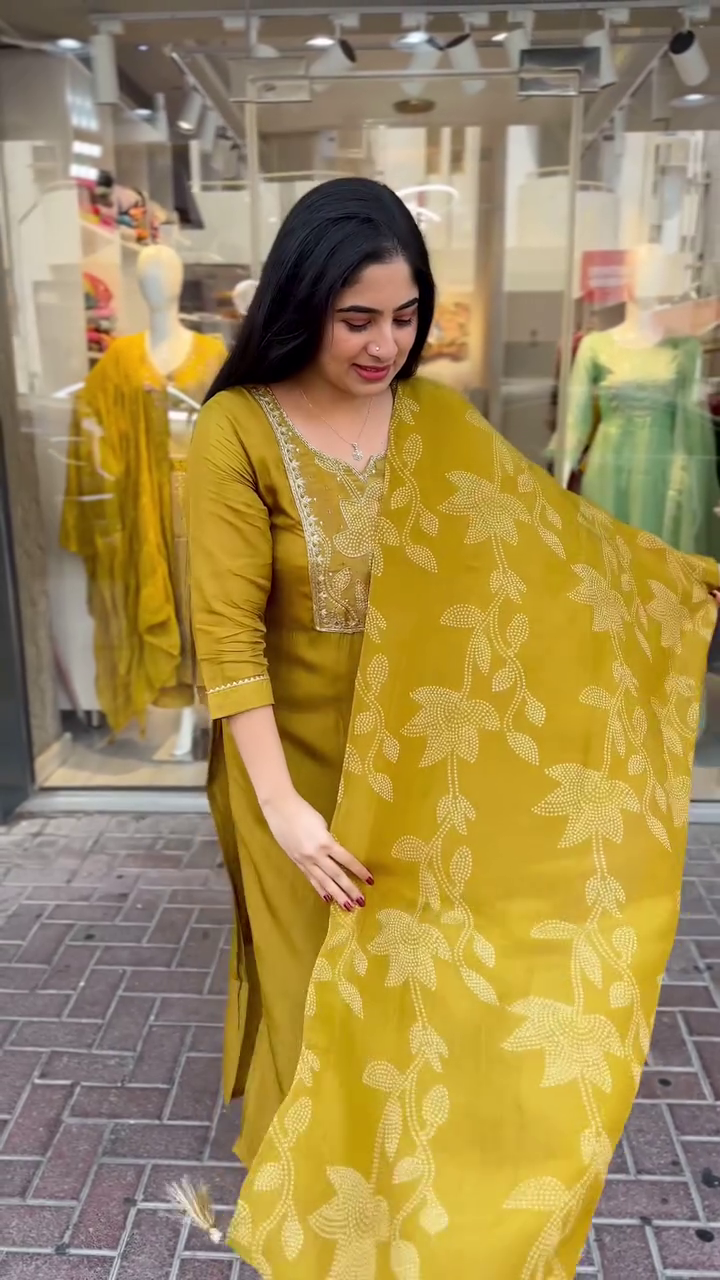 Mustard Yellow Cotton Suit Set with Embroidered Neckline and Floral Print Dupatta – Graceful Everyday Ethnic Wear