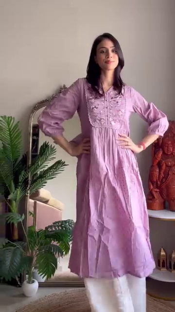 Dual Kurta Set Featuring Embroidered A-Line Cotton Floral Printed Anarkali Kurta with Puff Sleeves and Front Yoke Detailing Paired Perfect Blend of Subtle Embroidery and Traditional Prints for Everyday Ethnic Charm