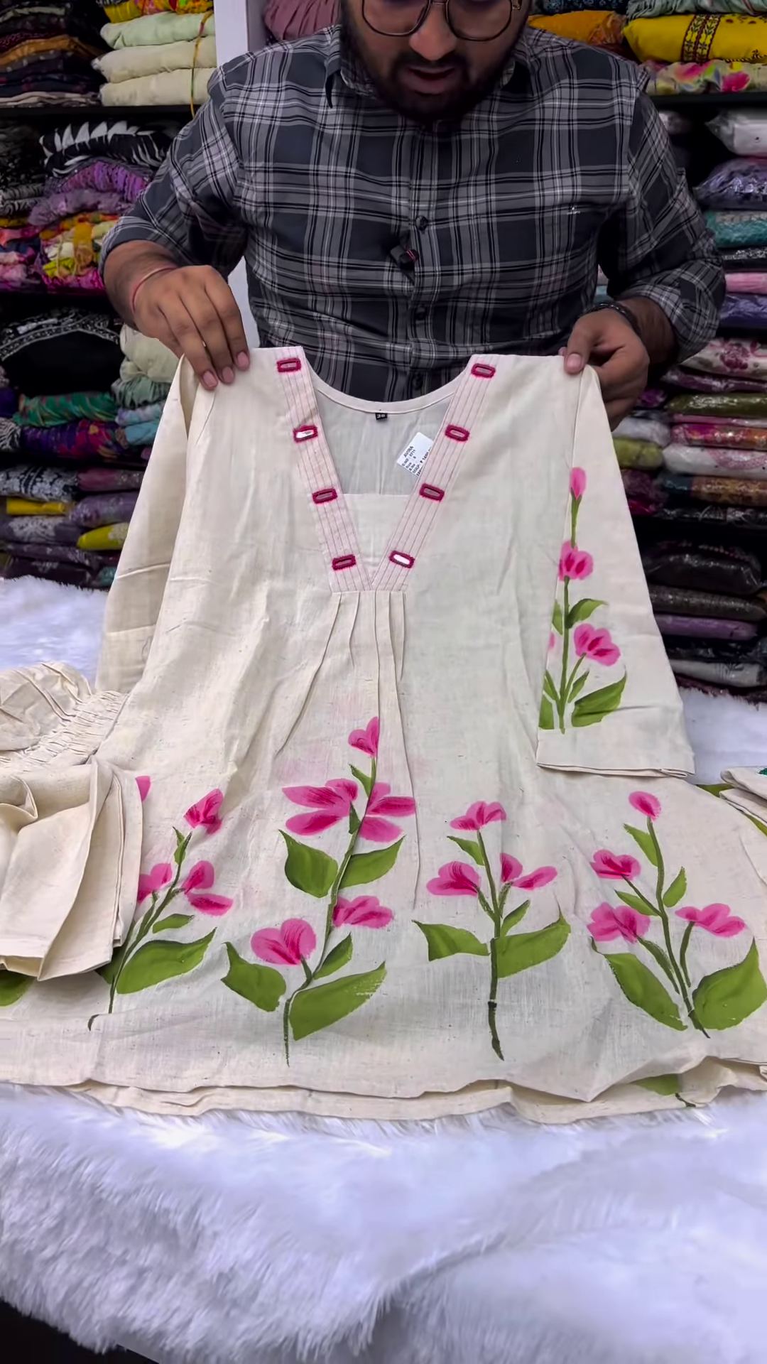 Hand-Painted Floral Kurti Set for Women – Elegant V-Neck Ethnic Wear with Pink Blossom Print – 2 Color Options Available