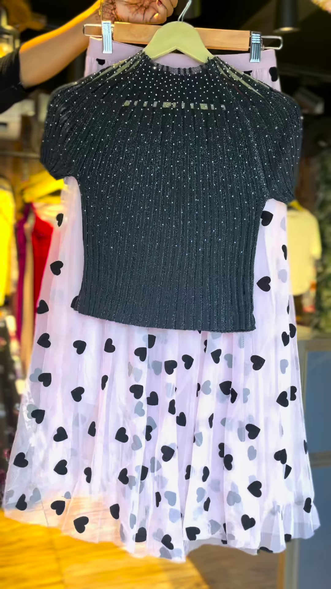 Girls’ Glitter Knit Top & Heart-Print Mesh Skirt Set – Party Wear Outfit for Teens & Tweens