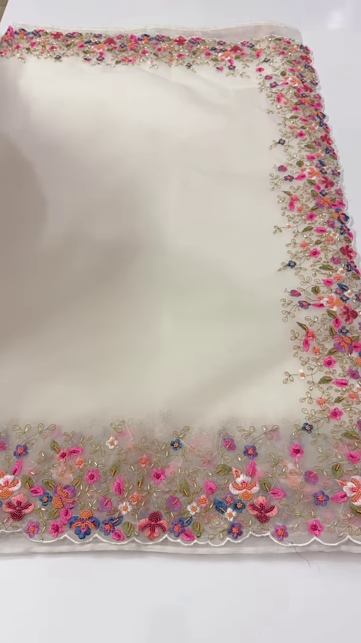 Ivory Organza Dupatta with Multicolor 3D Floral Embroidery & Scalloped Edges