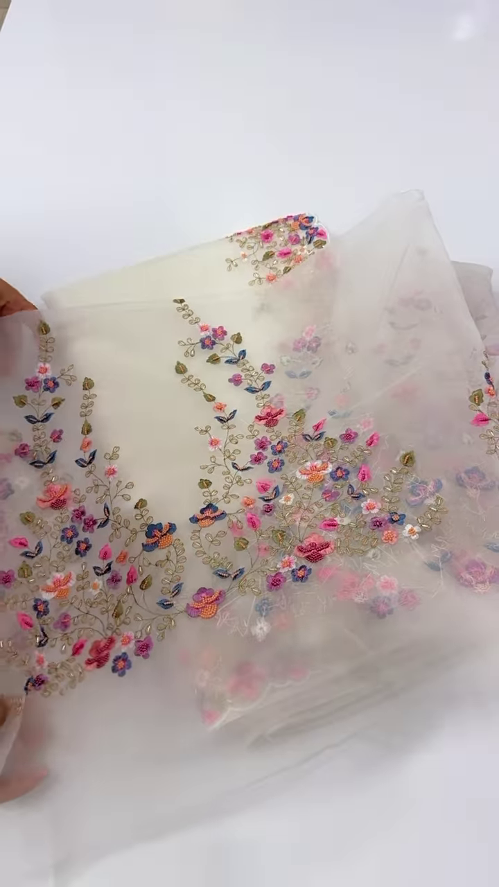 Ivory Organza Dupatta with Multicolor 3D Floral Embroidery & Scalloped Edges
