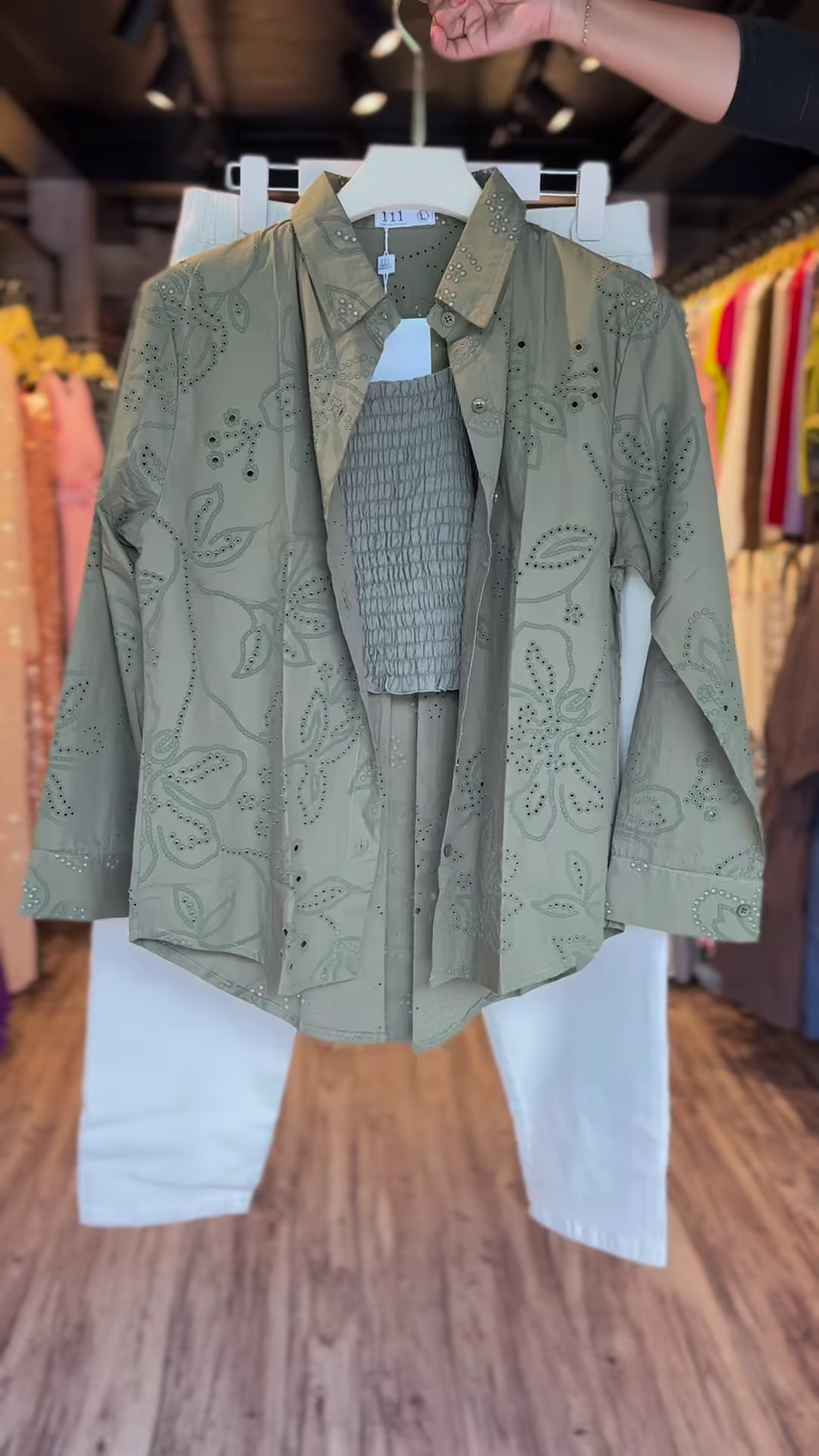 Olive Green Laser Cut Shirt Co-ord Set with Smocked Crop Top