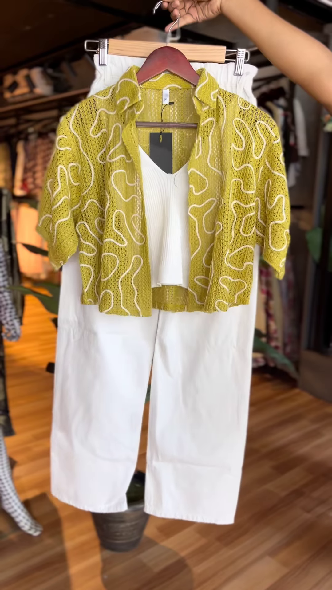 Lime Mesh Shirt Co-ord with White Ribbed Crop Top & Wide-Leg Pants