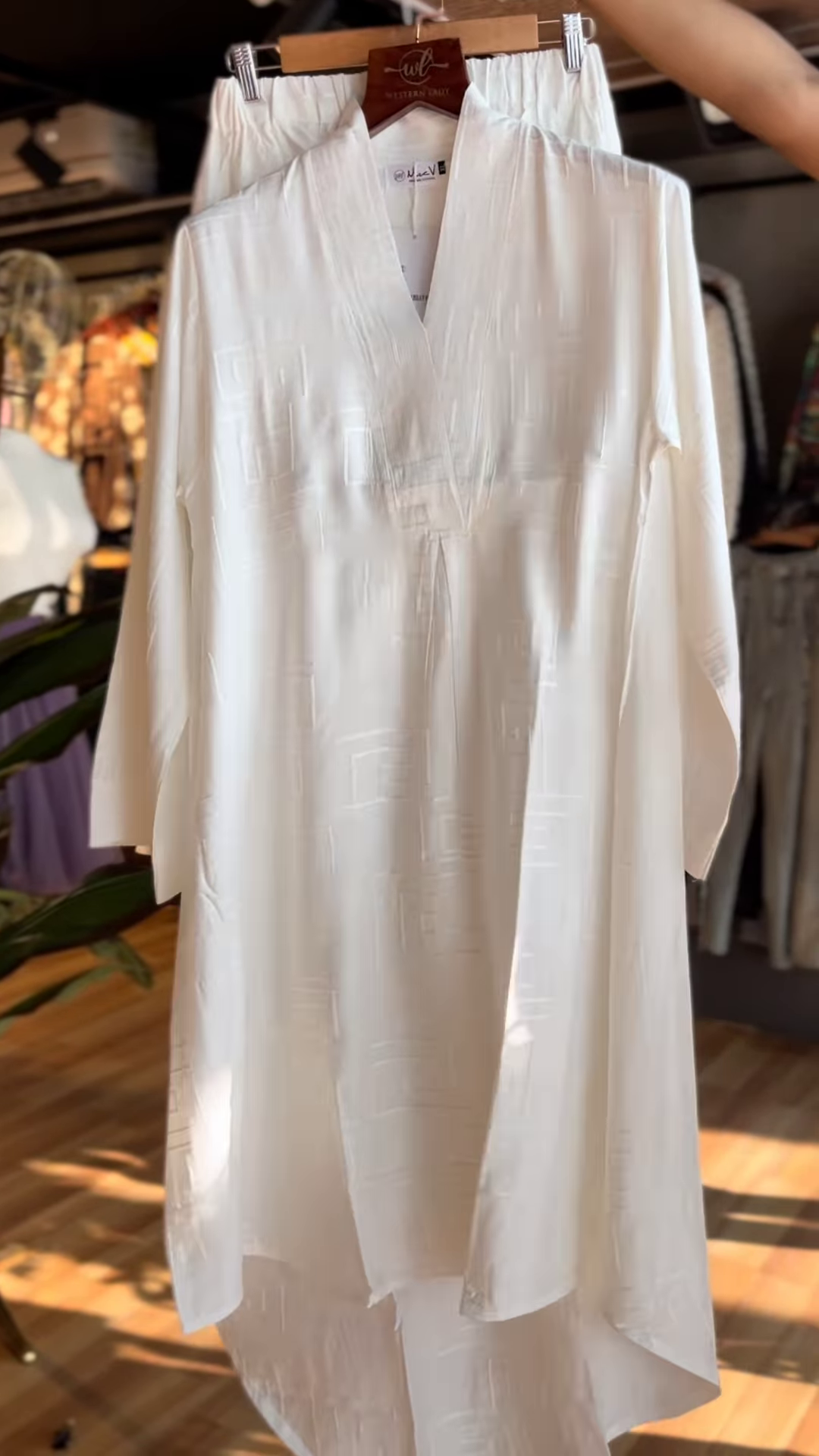 Minimalist White Co-Ord Set for Women – Textured V-Neck Long Kurta with Elastic Waist Pants | Elegant Everyday Ethnic Wear