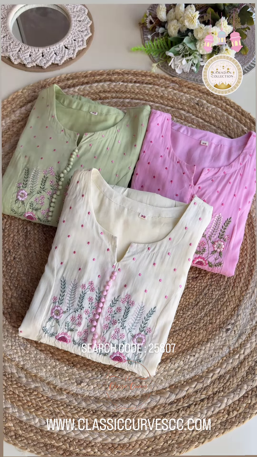 Embroidered Cotton Kurtis for Women – Set of 3 Pastel Colors (Mint Green, Baby Pink, Ivory) | Elegant Ramadan Collection