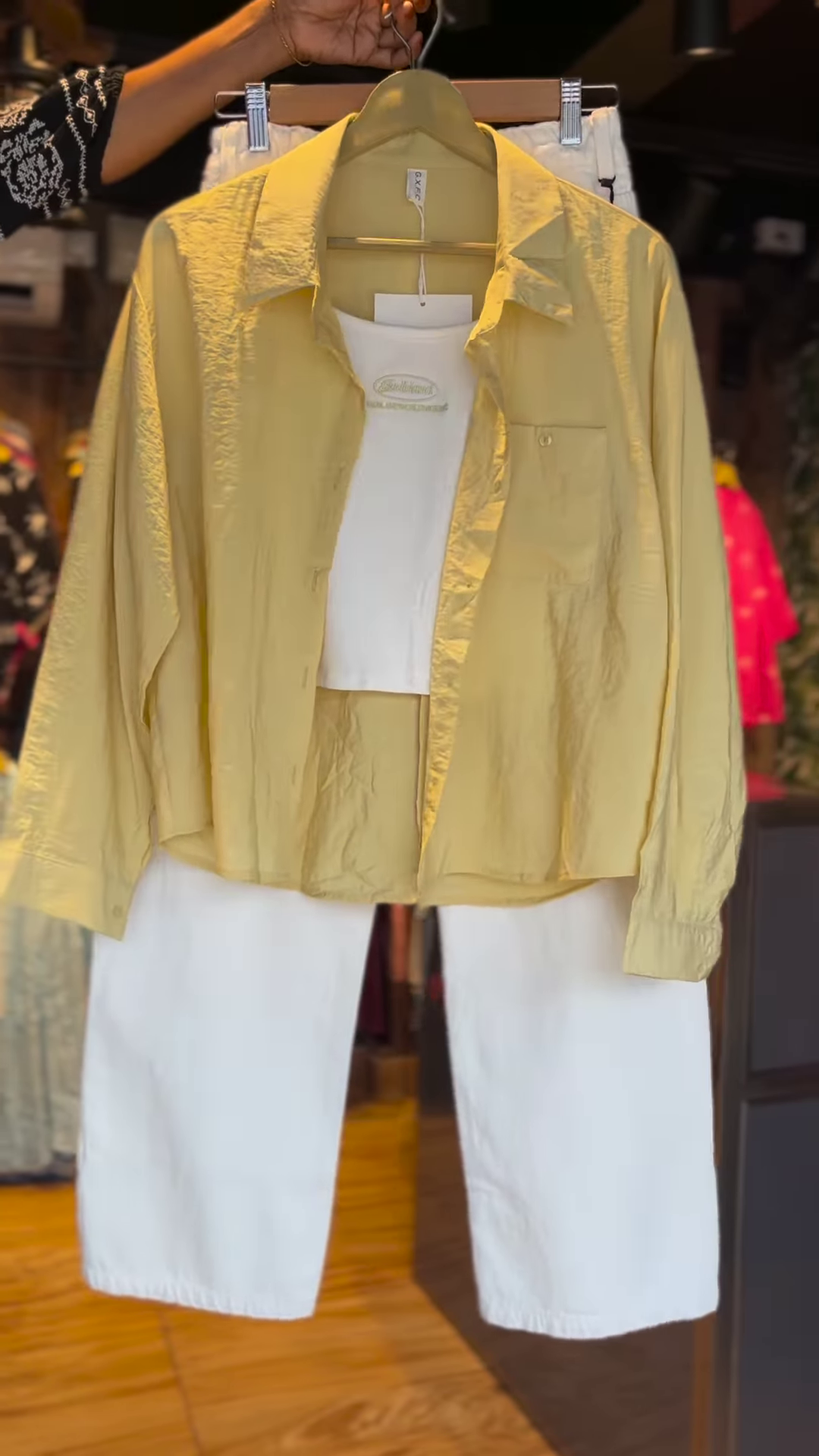 Light Yellow Shirt with White Crop Top & Culottes – 3-Piece Summer Co-Ord Set for Women
