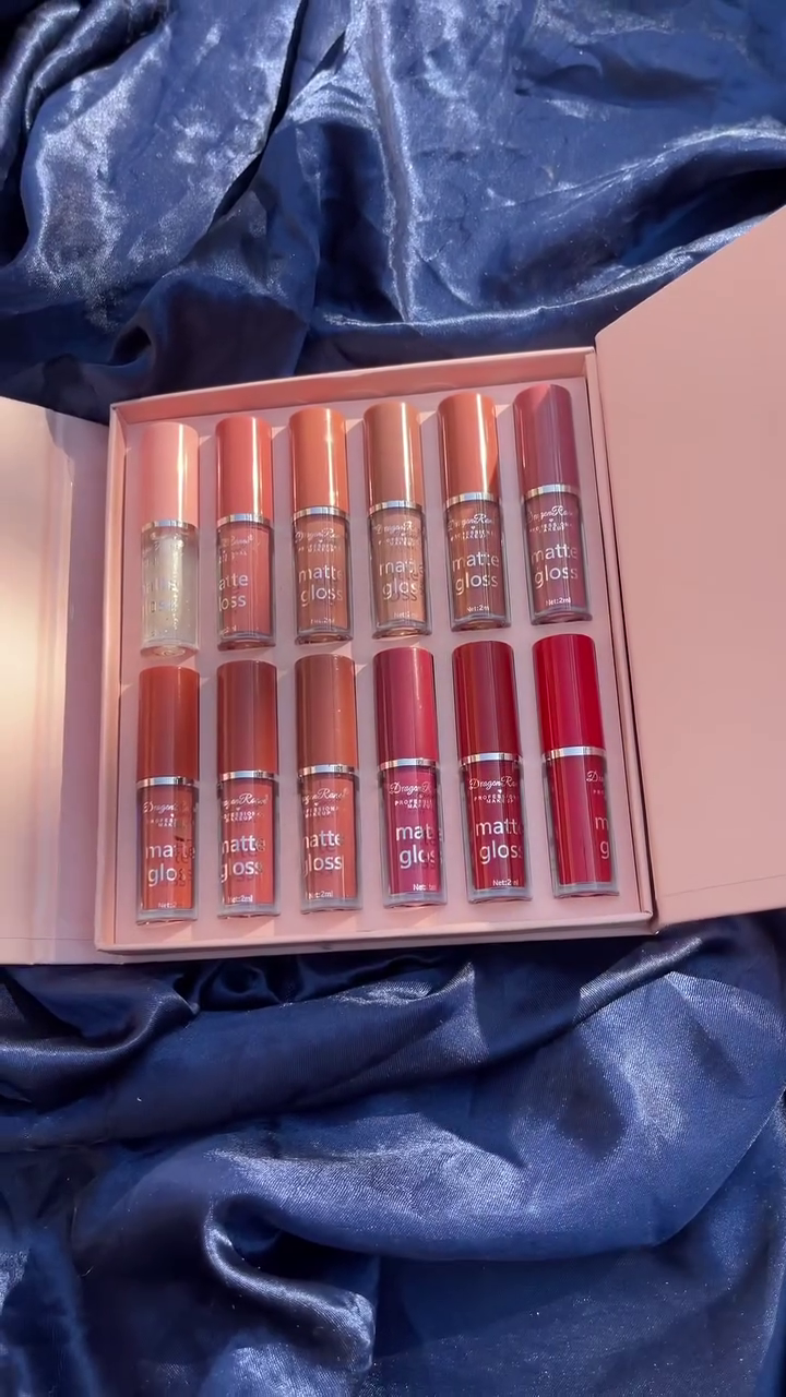 12-Piece Dragon Ranee Matte and Gloss Liquid Lipstick Set – Long-Lasting Waterproof Velvet Lip Tint Collection Featuring Nude, Pink, Red & Shimmer Shades for All Skin Tones – Lightweight, Non-Sticky, Full-Coverage Formula in Gift Box