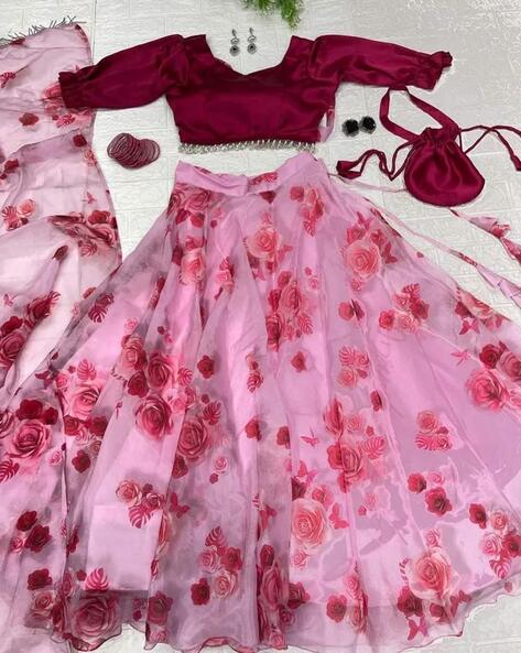 Women Floral Print Lehenga Choli Set With Dupatta