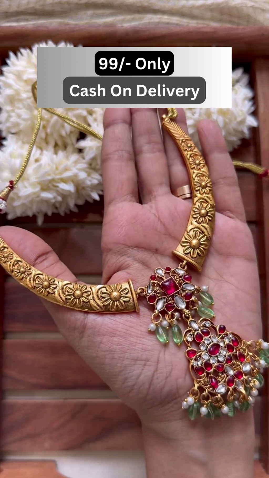Floral Kundan Necklace Set with Red-Green Beads – Ethnic Imitation Jewelry for Festivals & Weddings