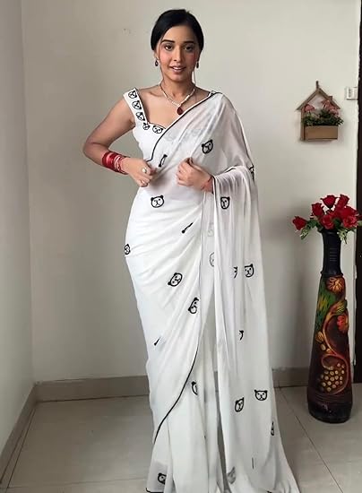 Ready To Wear White Printed Georgette Saree
