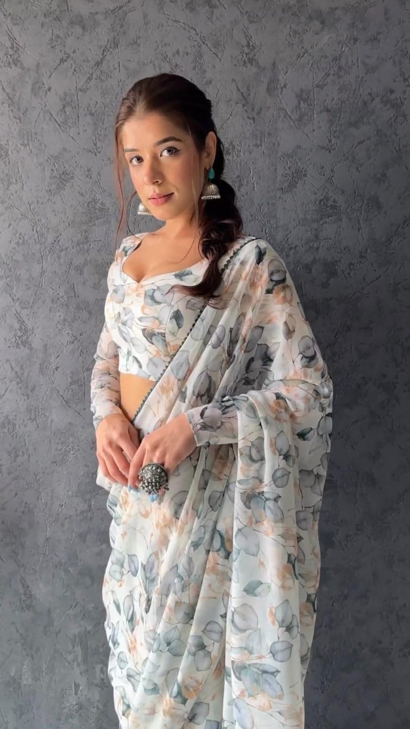 Saree For Women's And Girls Georgette With Digital Prints & Fancy Lece Work White Color Ready To Wear Saree