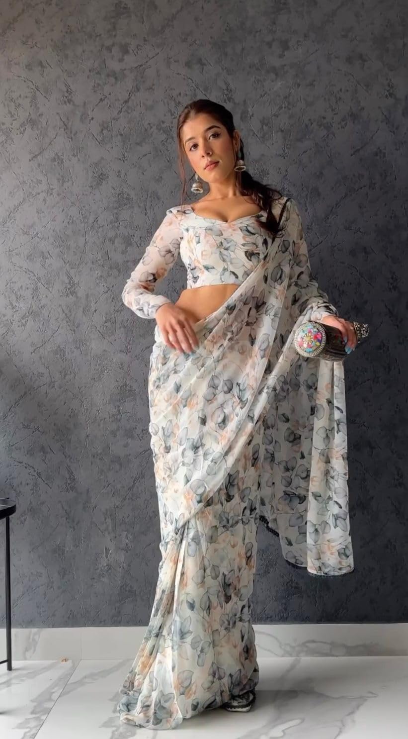 Saree For Women's And Girls Georgette With Digital Prints & Fancy Lece Work White Color Ready To Wear Saree