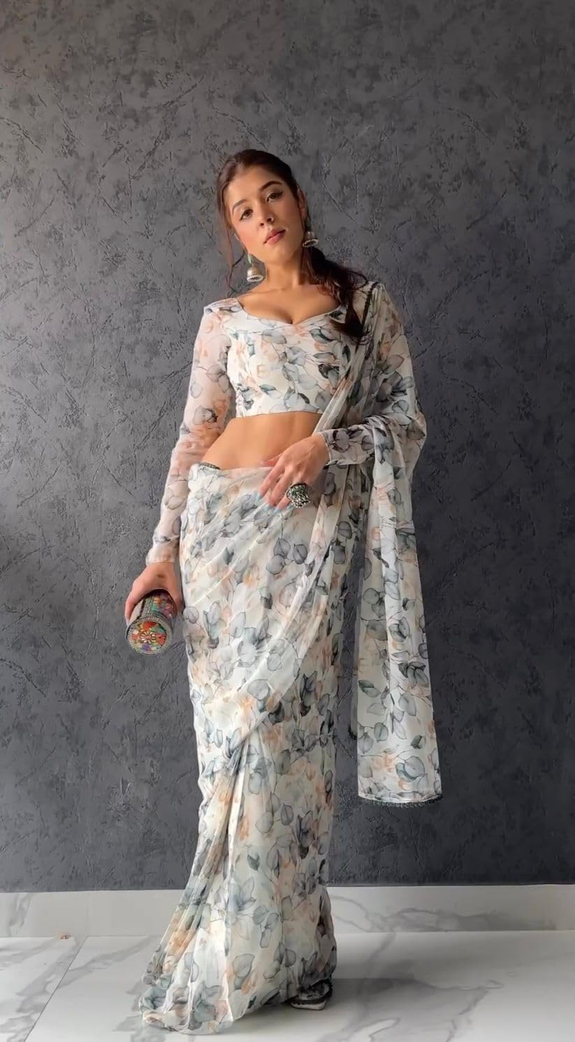 Saree For Women's And Girls Georgette With Digital Prints & Fancy Lece Work White Color Ready To Wear Saree