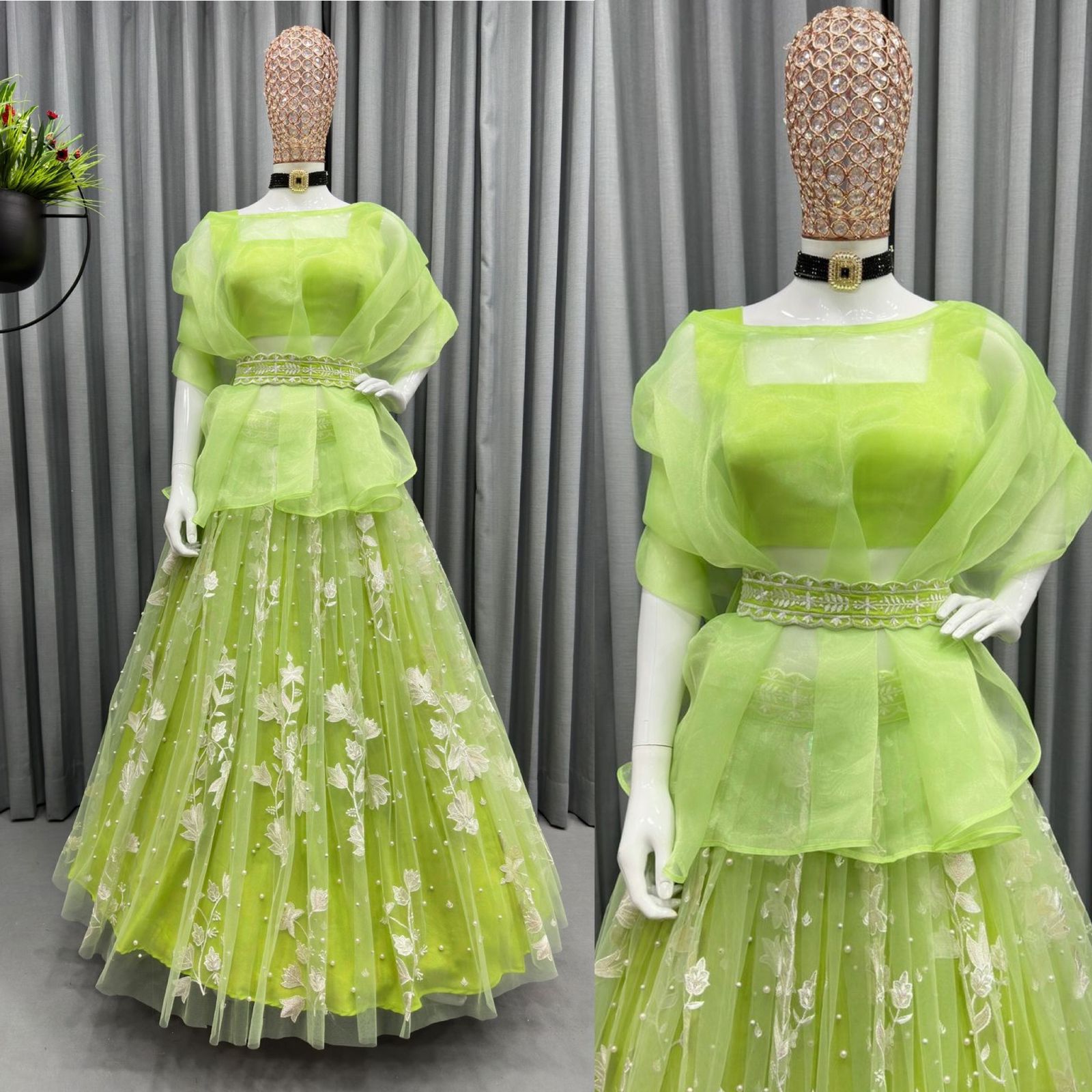 Beautiful organza silk pistachio lehenga for women, bridesmaid lehenga with shrug,sequin embroidery lehenga with rivet moti work for wedding