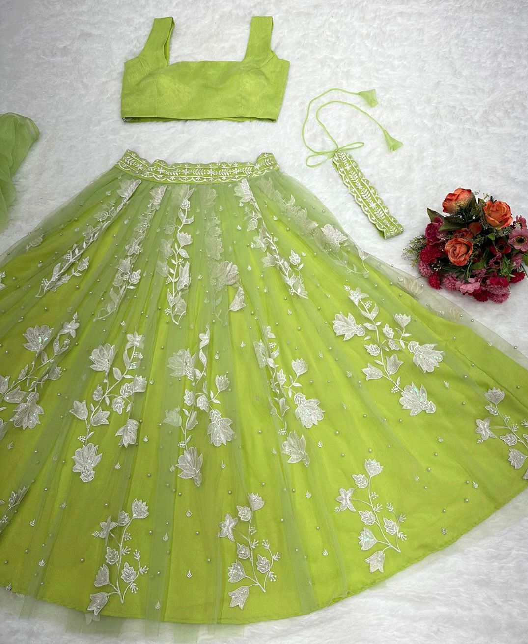 Beautiful organza silk pistachio lehenga for women, bridesmaid lehenga with shrug,sequin embroidery lehenga with rivet moti work for wedding
