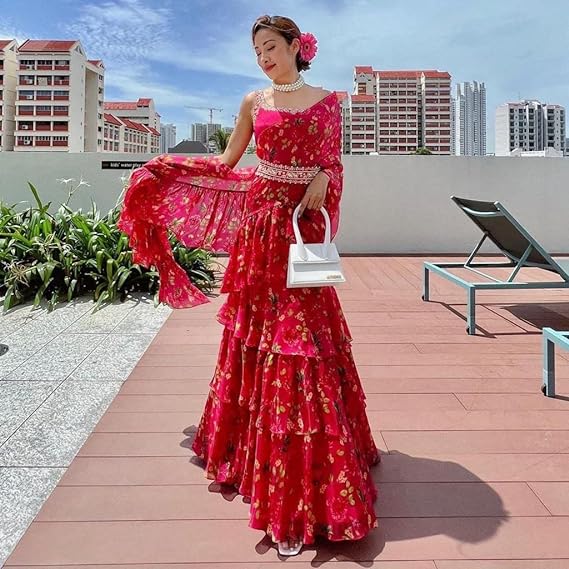 Magenta colore Bollywood Style Designer Saree Party Wear Saree Embroidery Work Ruffle Saree Wedding wear saree