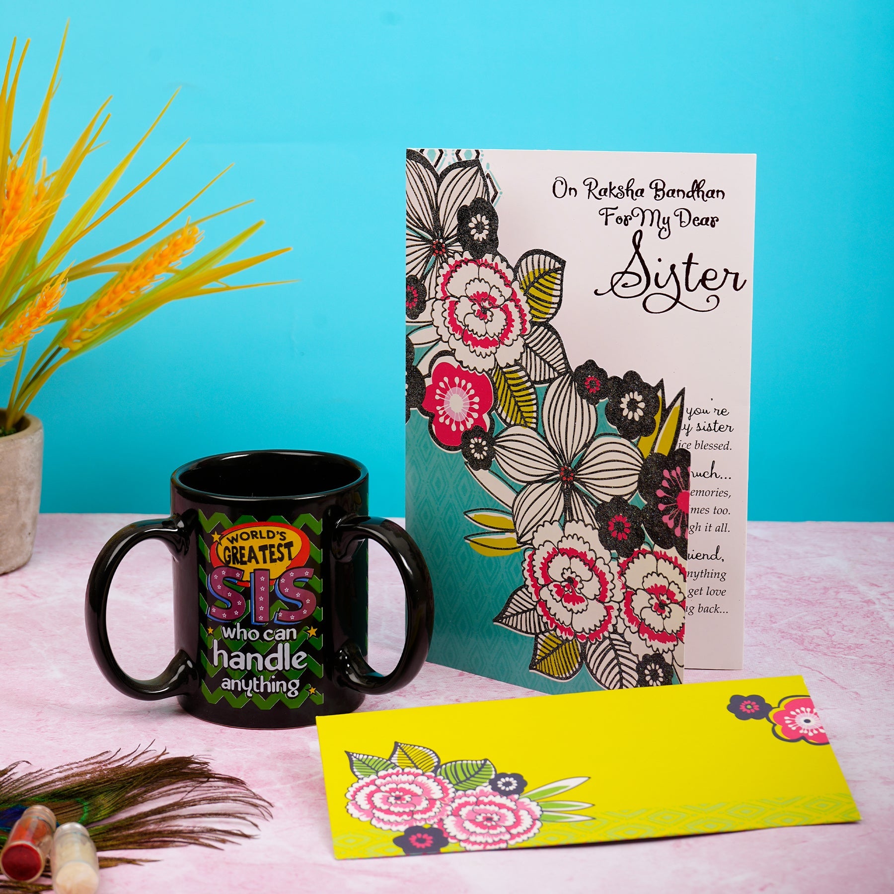 Beautiful Sister Greeting Card with 3 Handle Mug