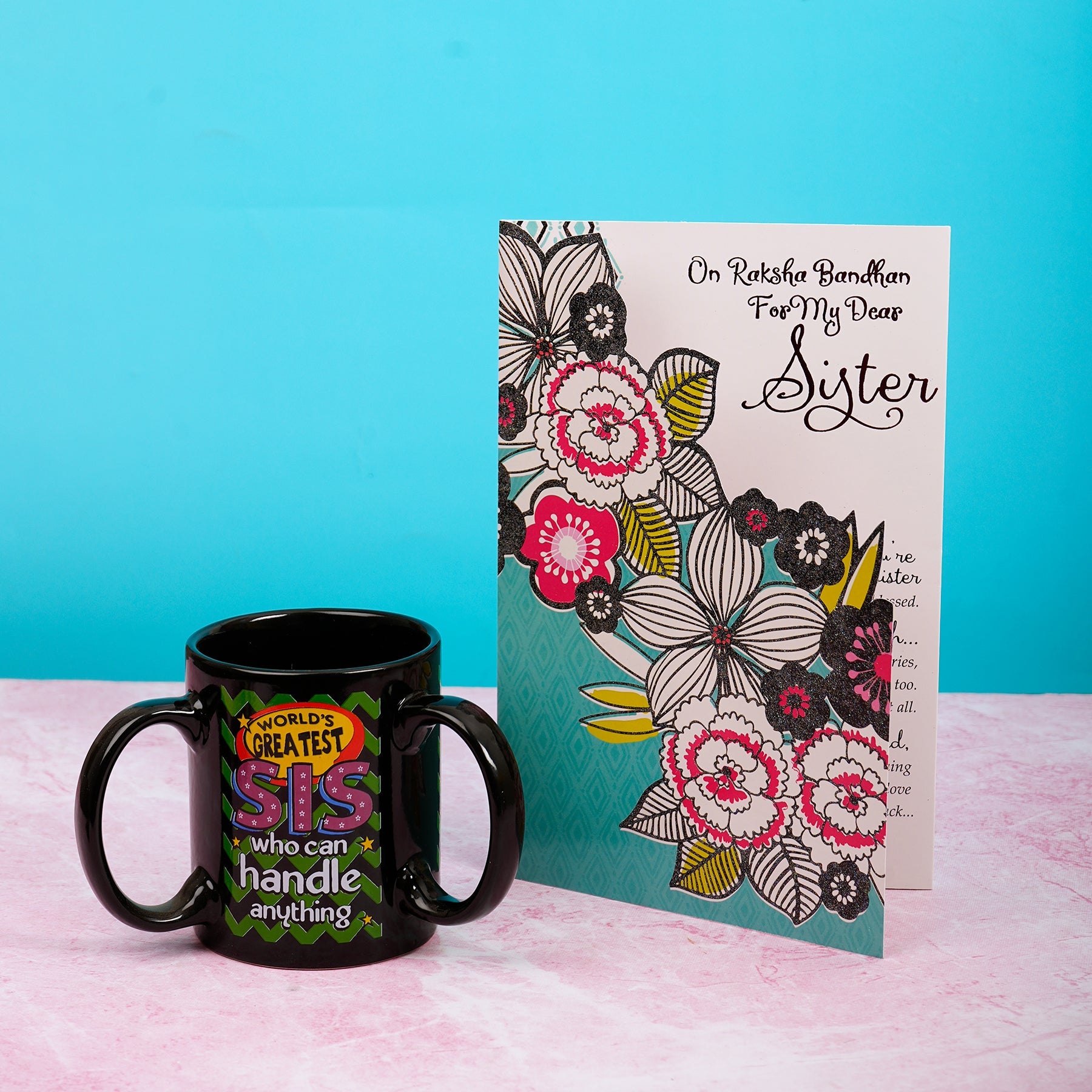Beautiful Sister Greeting Card with 3 Handle Mug