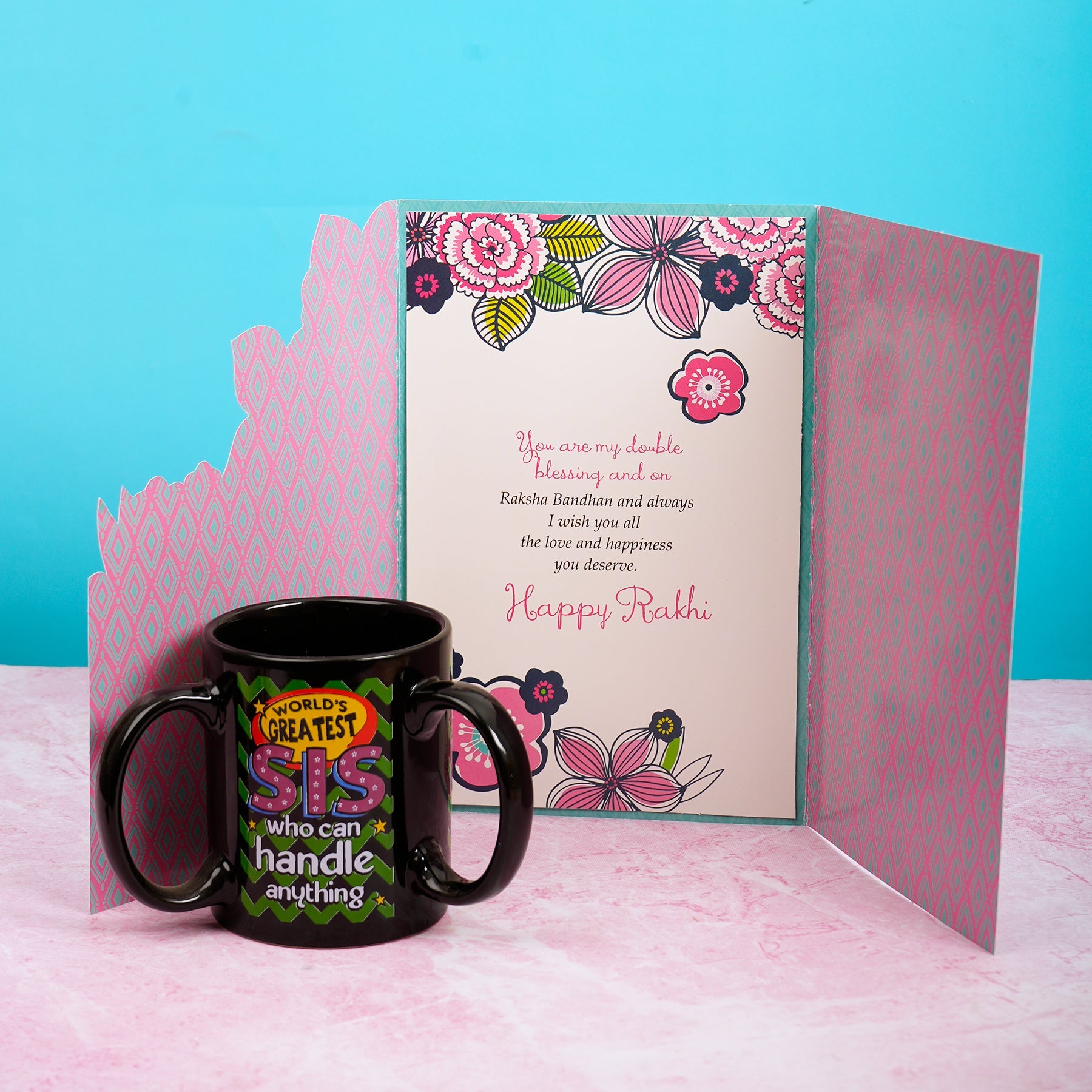 Beautiful Sister Greeting Card with 3 Handle Mug
