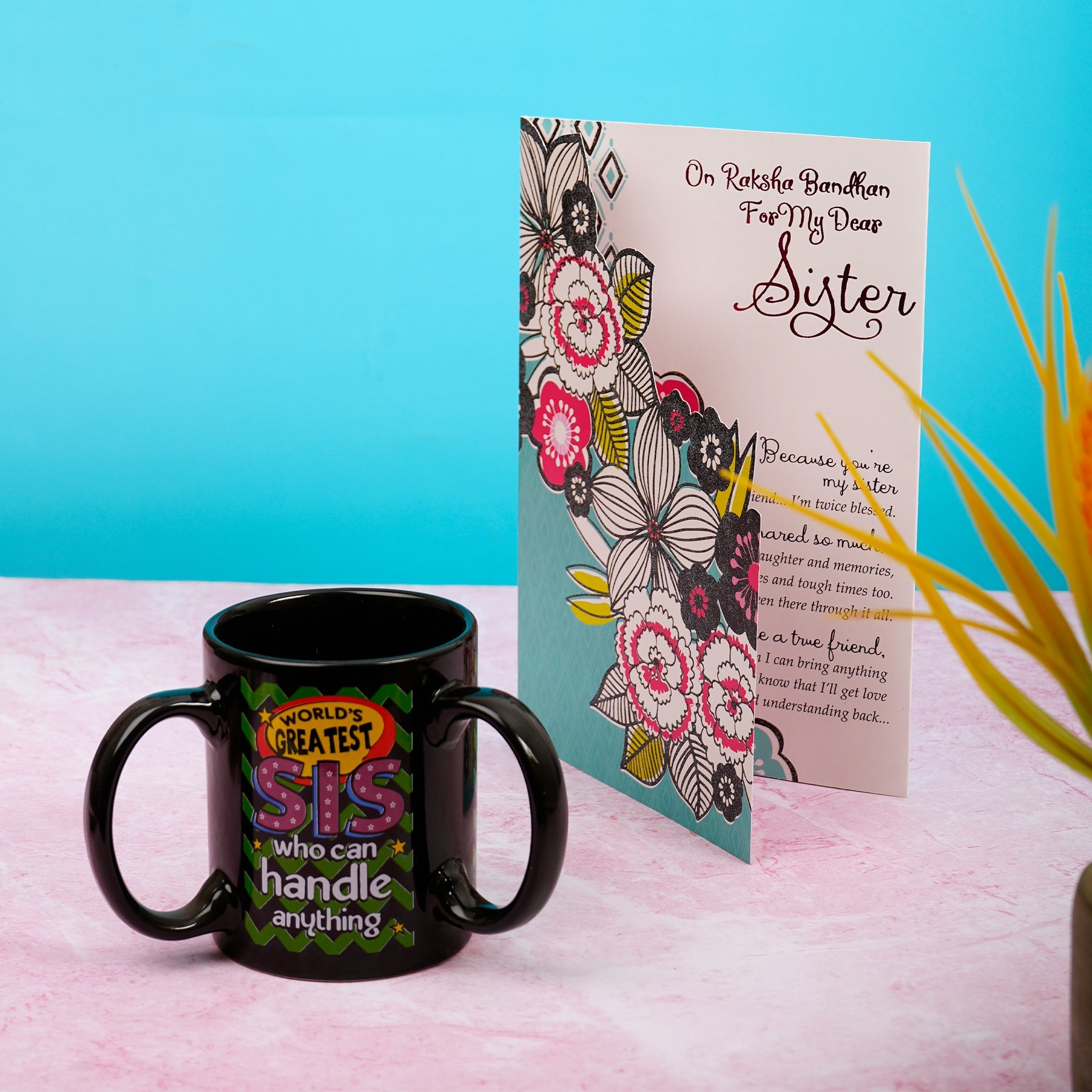 Beautiful Sister Greeting Card with 3 Handle Mug