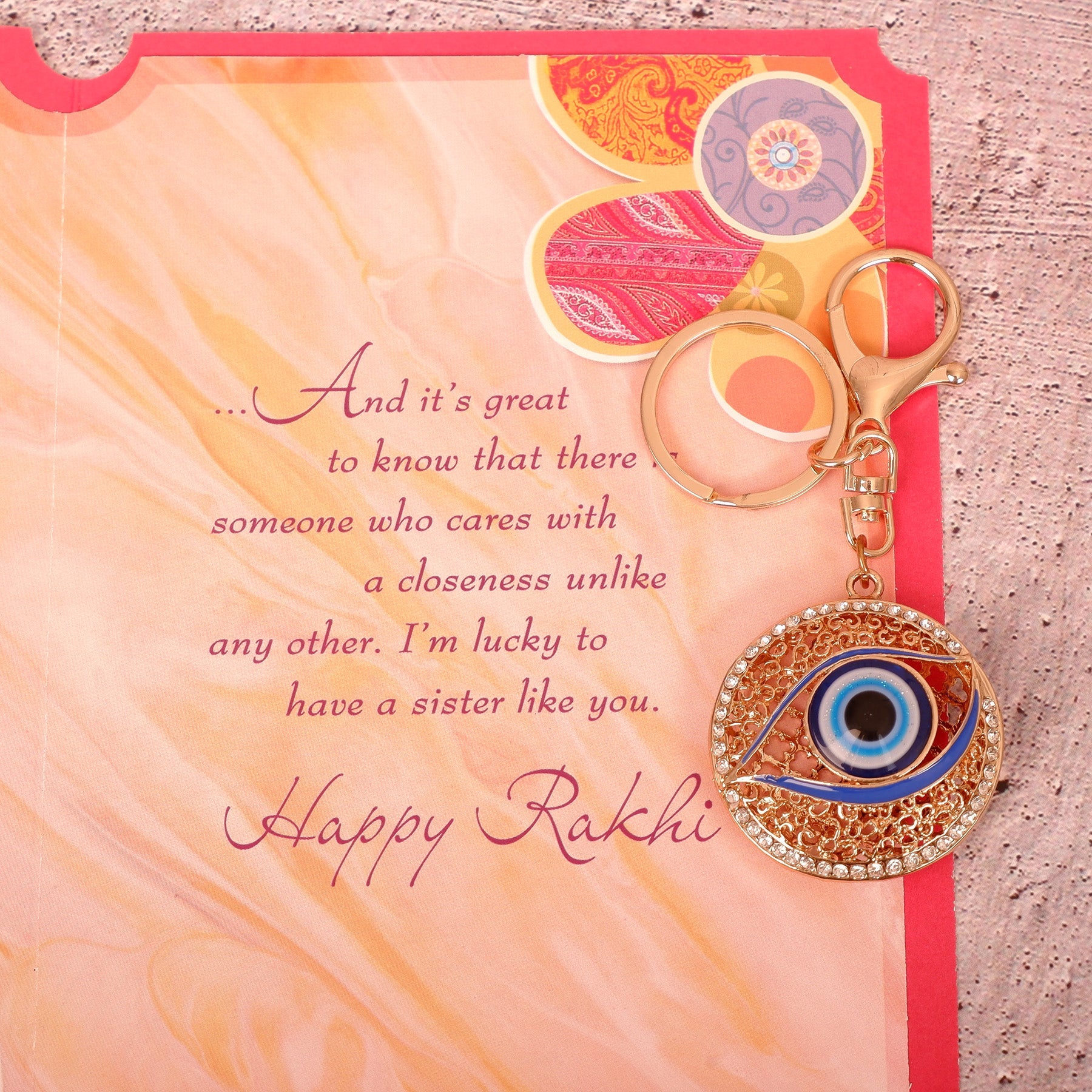 Beautiful Evil Eye Keychain With Sister Greeting Card