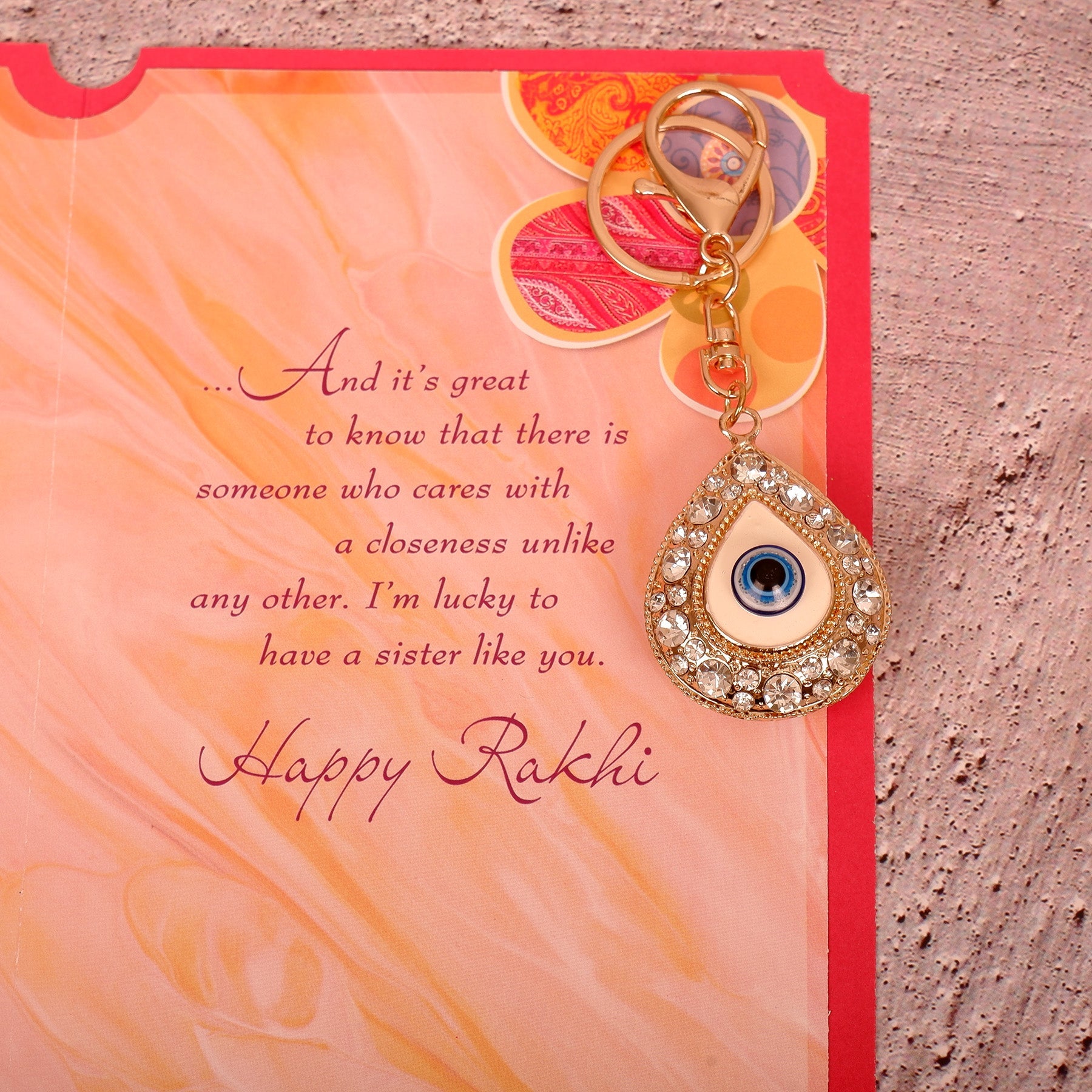 Golden Evil Eye Keychain With Sister Greeting Card