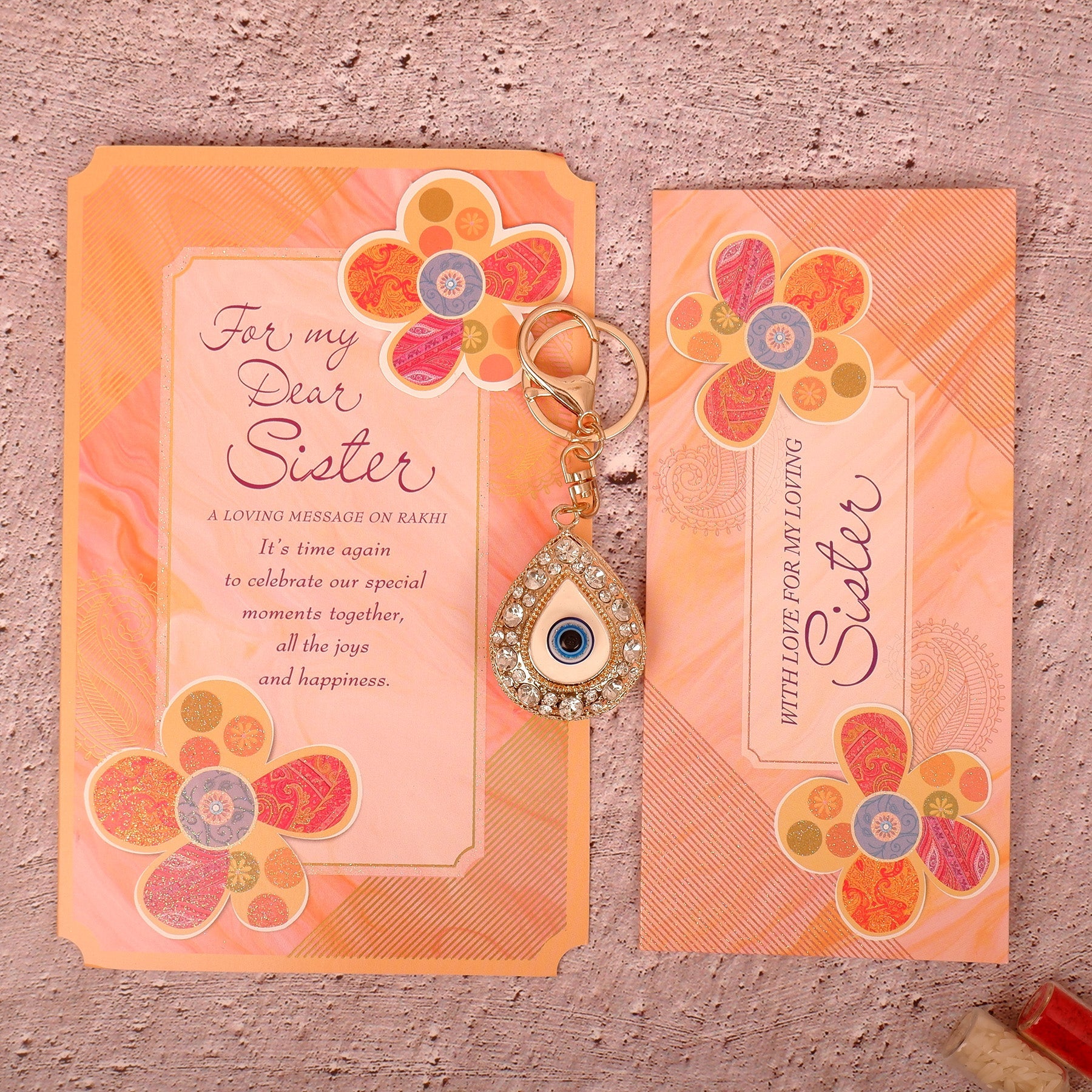 Golden Evil Eye Keychain With Sister Greeting Card