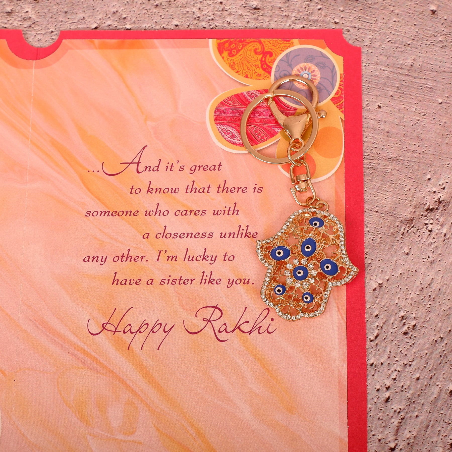 Gazing Evil Eye Keychain With Sister Greeting Card
