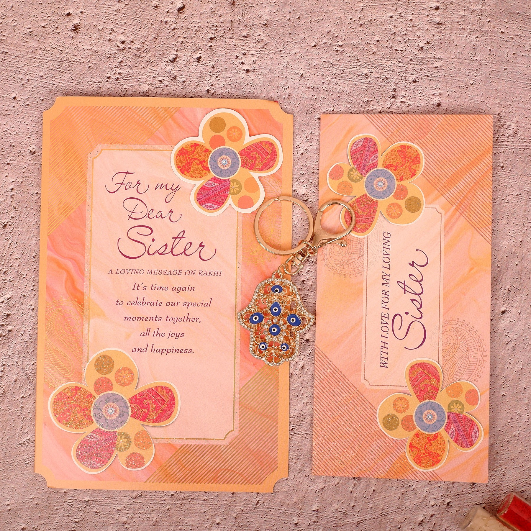 Gazing Evil Eye Keychain With Sister Greeting Card