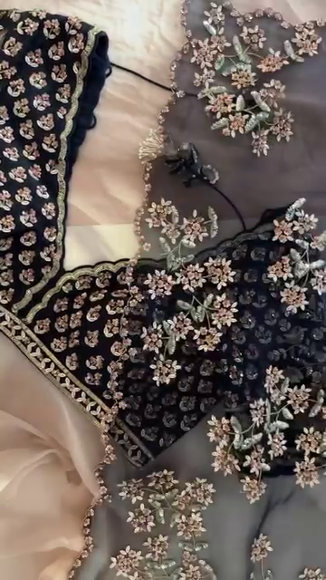 Navy Blue Net Saree with Intricate Multicolor 3D Floral Embroidery and Sequins, Paired with a Heavily Embroidered Velvet Blouse – Perfect for Weddings, Festive Occasions, and Traditional Celebrations