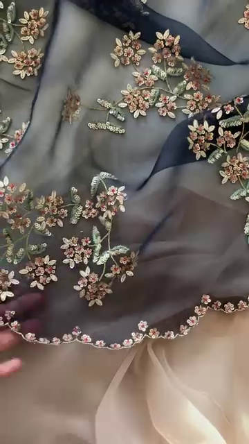 Navy Blue Net Saree with Intricate Multicolor 3D Floral Embroidery and Sequins, Paired with a Heavily Embroidered Velvet Blouse – Perfect for Weddings, Festive Occasions, and Traditional Celebrations
