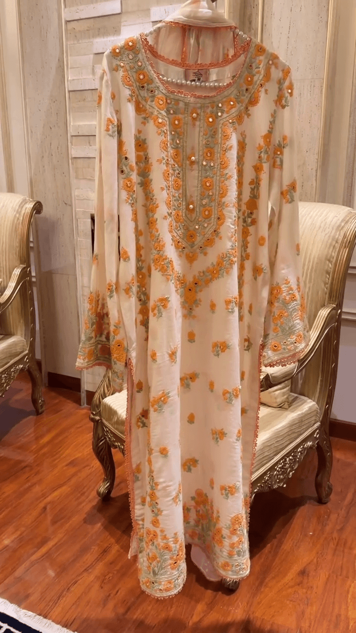 Hand-Embroidered Floral Kurti – Soft Chiffon Long Dress with Mirror & Thread Work – Elegant Ethnic Wear for Eid, Festive & Casual Occasions