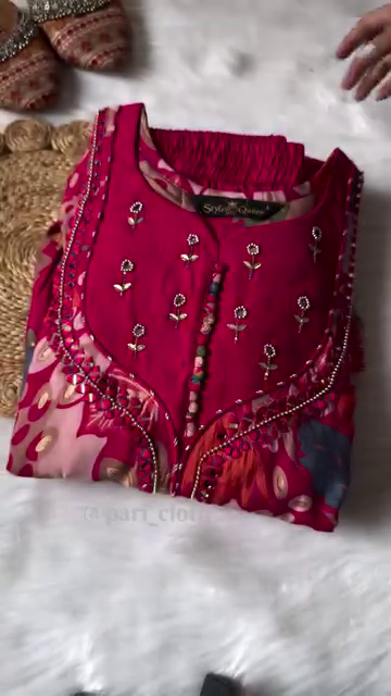 Embroidered Floral Print Anarkali Dress with Matching Dupatta and Coordinated Plain Bottom for Traditional Occasions
