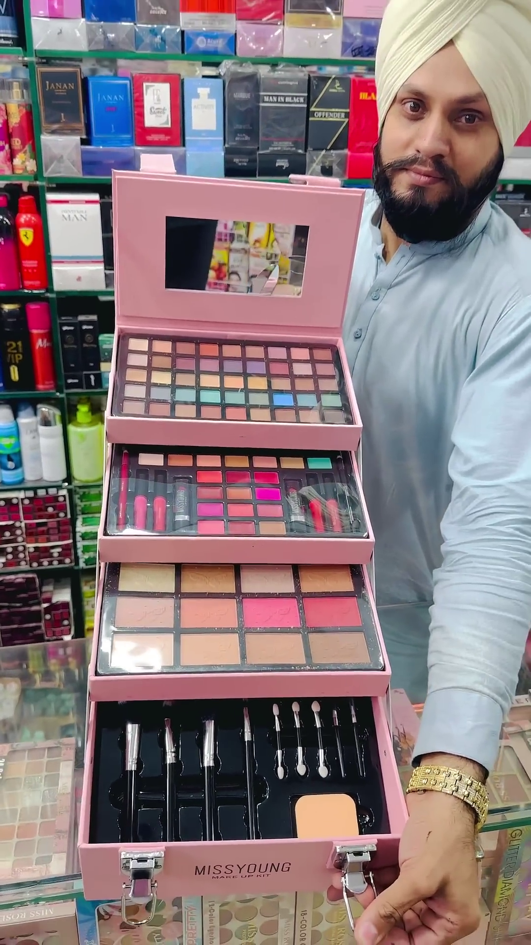Professional Multi-tiered Makeup Kit with Eyeshadows, Lipsticks, Blushes, Brushes, and Applicators for Comprehensive Beauty Application