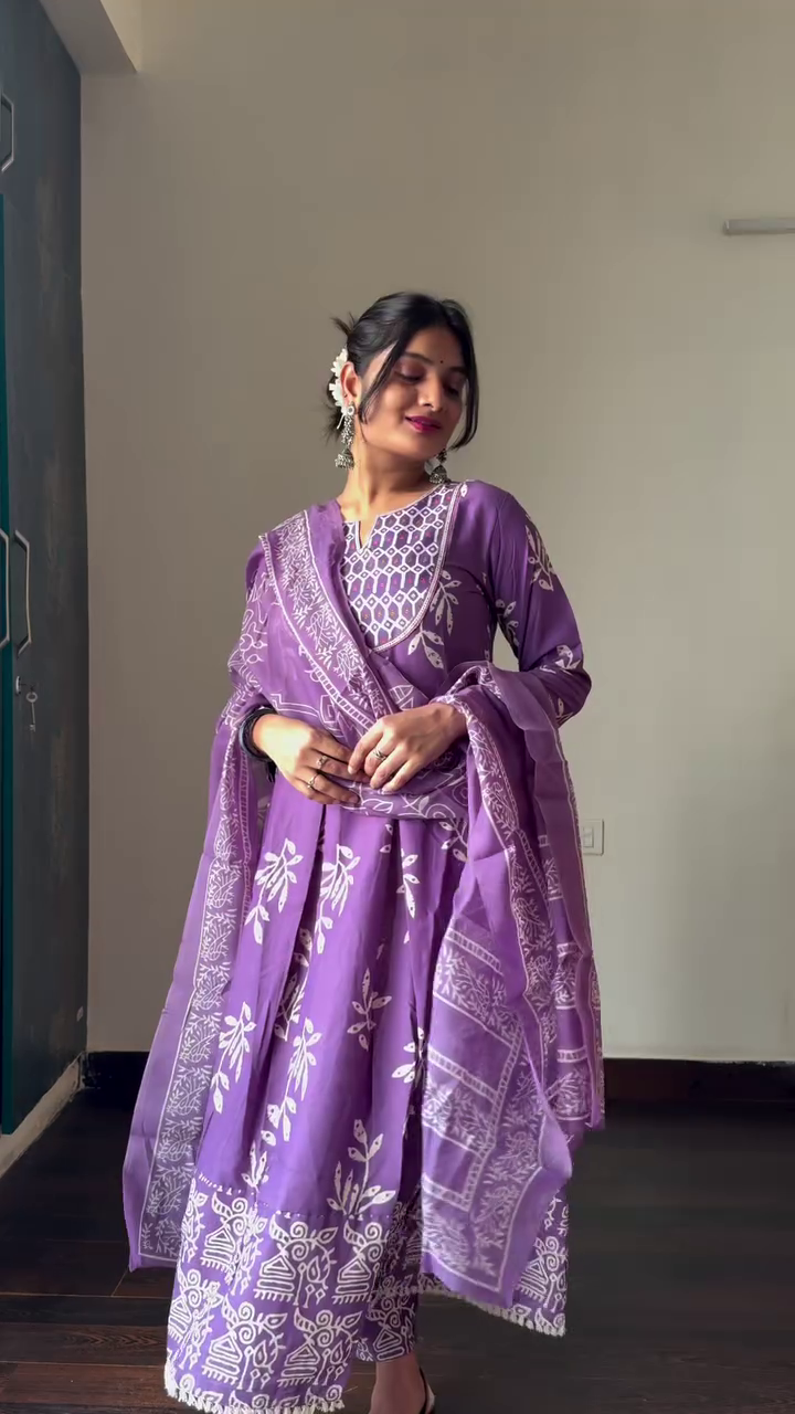 Graceful Purple Anarkali with Intricate White Floral Embroidery, Paired with a Complementary Dupatta and Traditional Jewelry