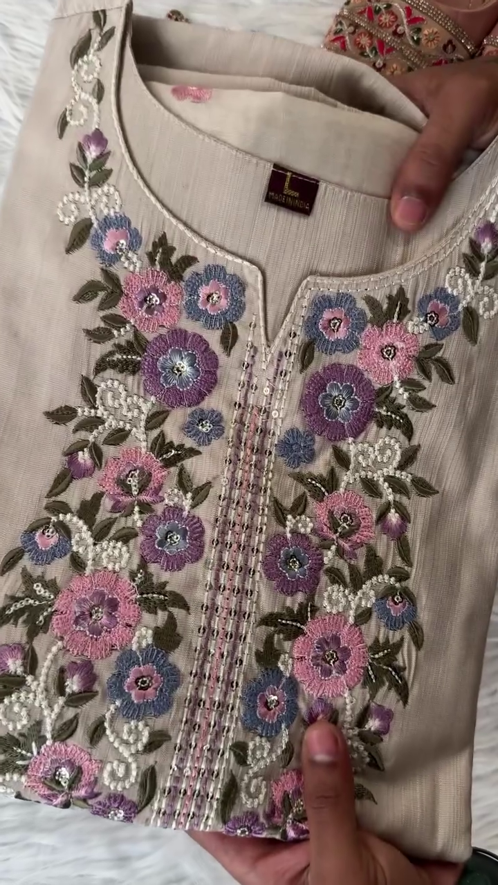 Elegant Beige Embroidered Kurti Set with Floral Detailing, Complemented by a Matching Scarf and Trouser – Perfect for Festive and Formal Occasions