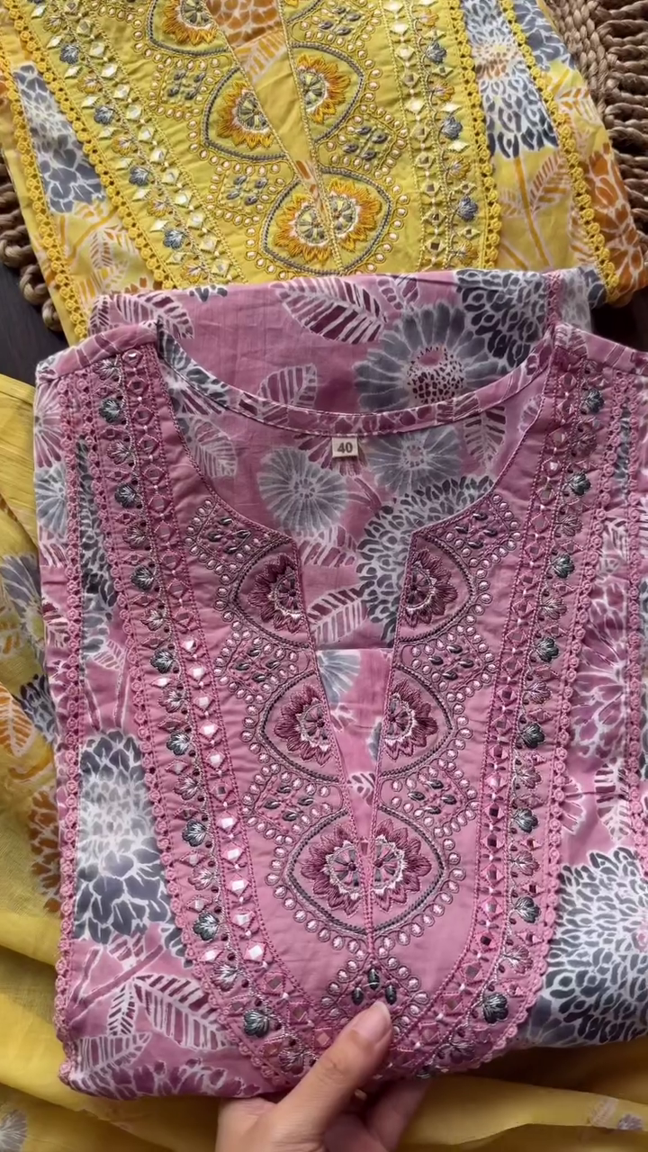 Floral Embroidered Kurtas in Bright Yellow and Soft Pink with Elegant Detailing – Perfect for Casual and Festive Wear