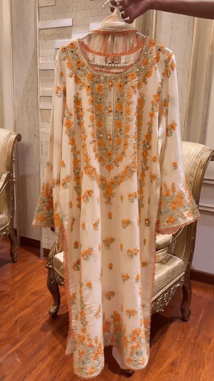 Hand-Embroidered Floral Kurti – Soft Chiffon Long Dress with Mirror & Thread Work – Elegant Ethnic Wear for Eid, Festive & Casual Occasions