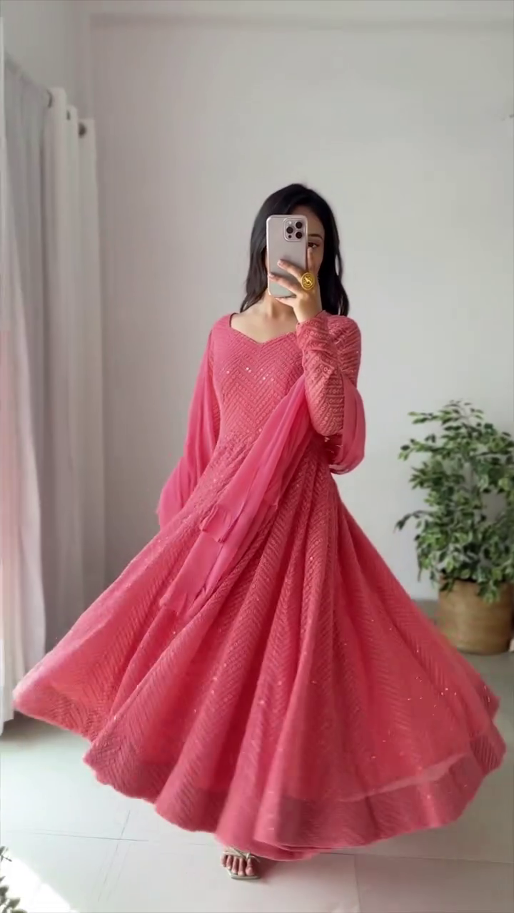 Elegant Pink Anarkali Dress with Intricate Embroidery and Flowing Dupatta for Festive Celebrations