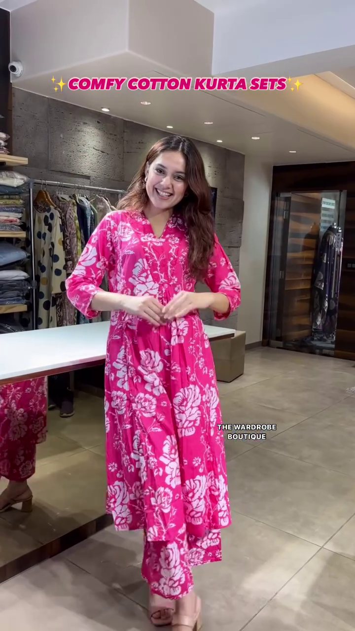 Stylish Floral Printed Comfy Cotton Kurta Set for Women Featuring A-Line Fit, 3/4th Sleeves, Soft Breathable Fabric, and Matching Pants – Perfect for Everyday Wear and Casual Outings