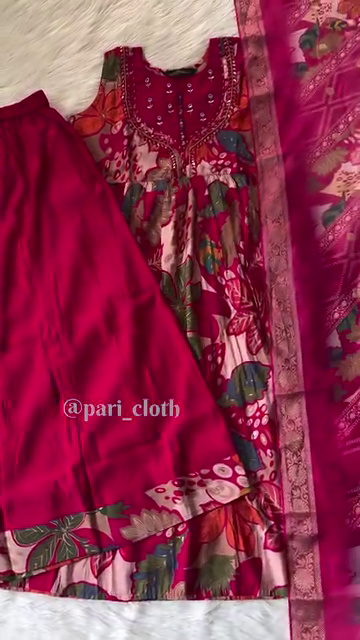 Embroidered Floral Print Anarkali Dress with Matching Dupatta and Coordinated Plain Bottom for Traditional Occasions