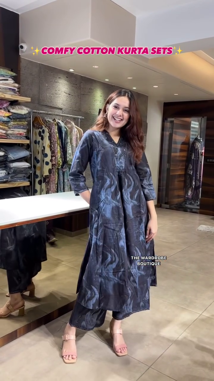 Stylish Floral Printed Comfy Cotton Kurta Set for Women Featuring A-Line Fit, 3/4th Sleeves, Soft Breathable Fabric, and Matching Pants – Perfect for Everyday Wear and Casual Outings