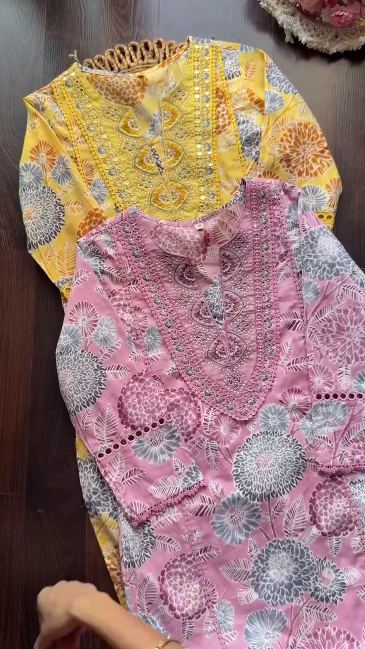 Floral Embroidered Kurtas in Bright Yellow and Soft Pink with Elegant Detailing – Perfect for Casual and Festive Wear