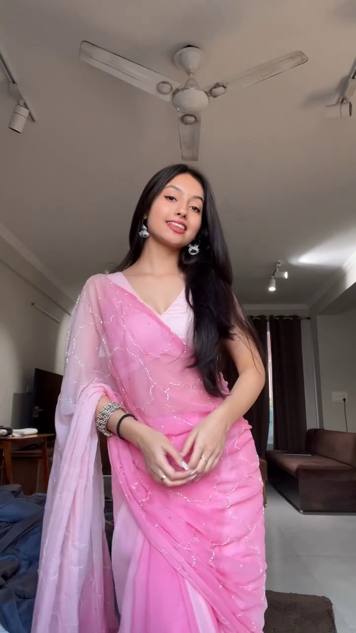 Baby Pink Ombre Net Saree with Subtle Sequin Embellishments and Matching Sleeveless Blouse – Lightweight, Sheer, and Graceful Ensemble Ideal for Festive Occasions, Daytime Functions