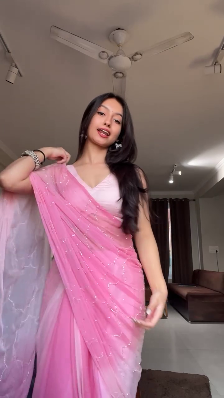 Baby Pink Ombre Net Saree with Subtle Sequin Embellishments and Matching Sleeveless Blouse – Lightweight, Sheer, and Graceful Ensemble Ideal for Festive Occasions, Daytime Functions
