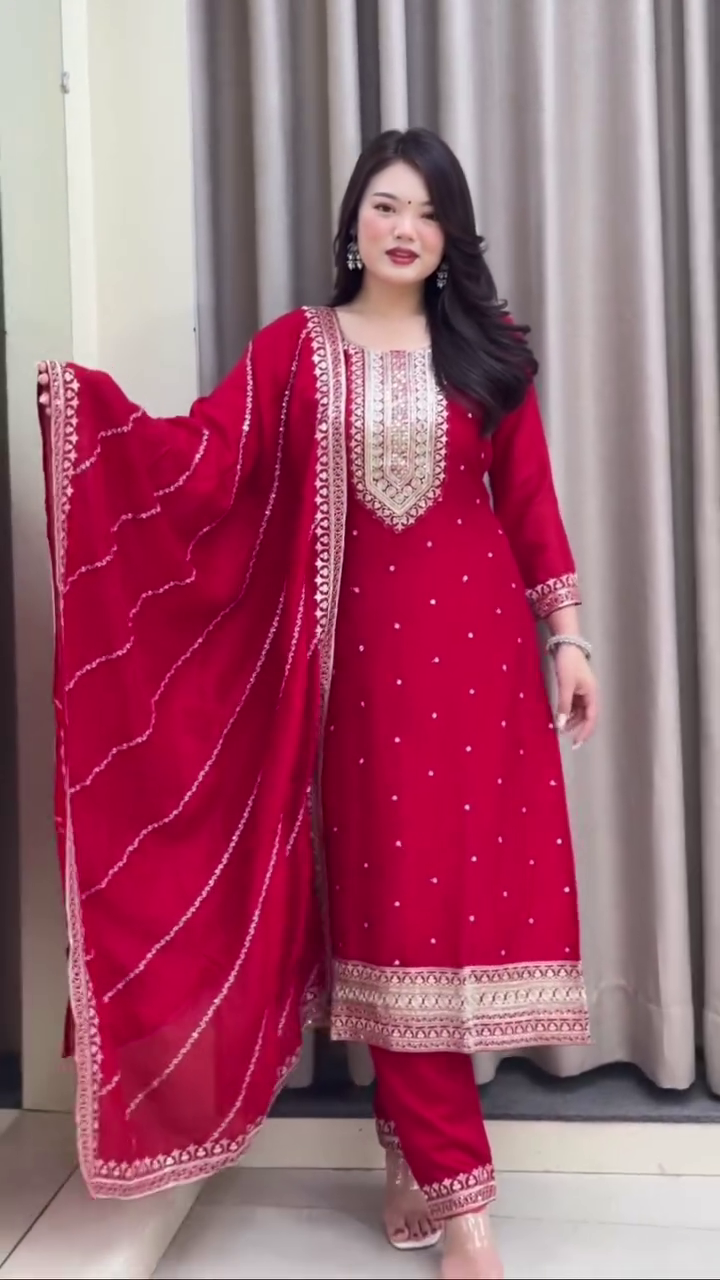 Elegant Red Anarkali with Intricate Gold Embroidery and a Sheer Dupatta, Perfect for Celebrations and Festive Occasions