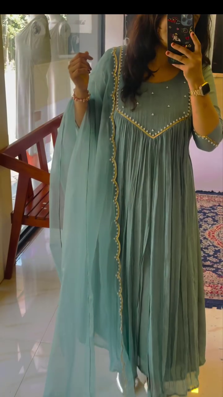 Pleated Mint Green Anarkali Dress with Beaded Embellishments and Sheer Flared Sleeves